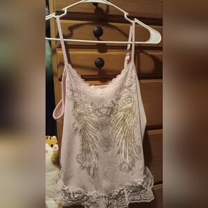 Size L Romwe Light Pink Lace Trim Cami With Silver Crown Rhinestone Wing Design